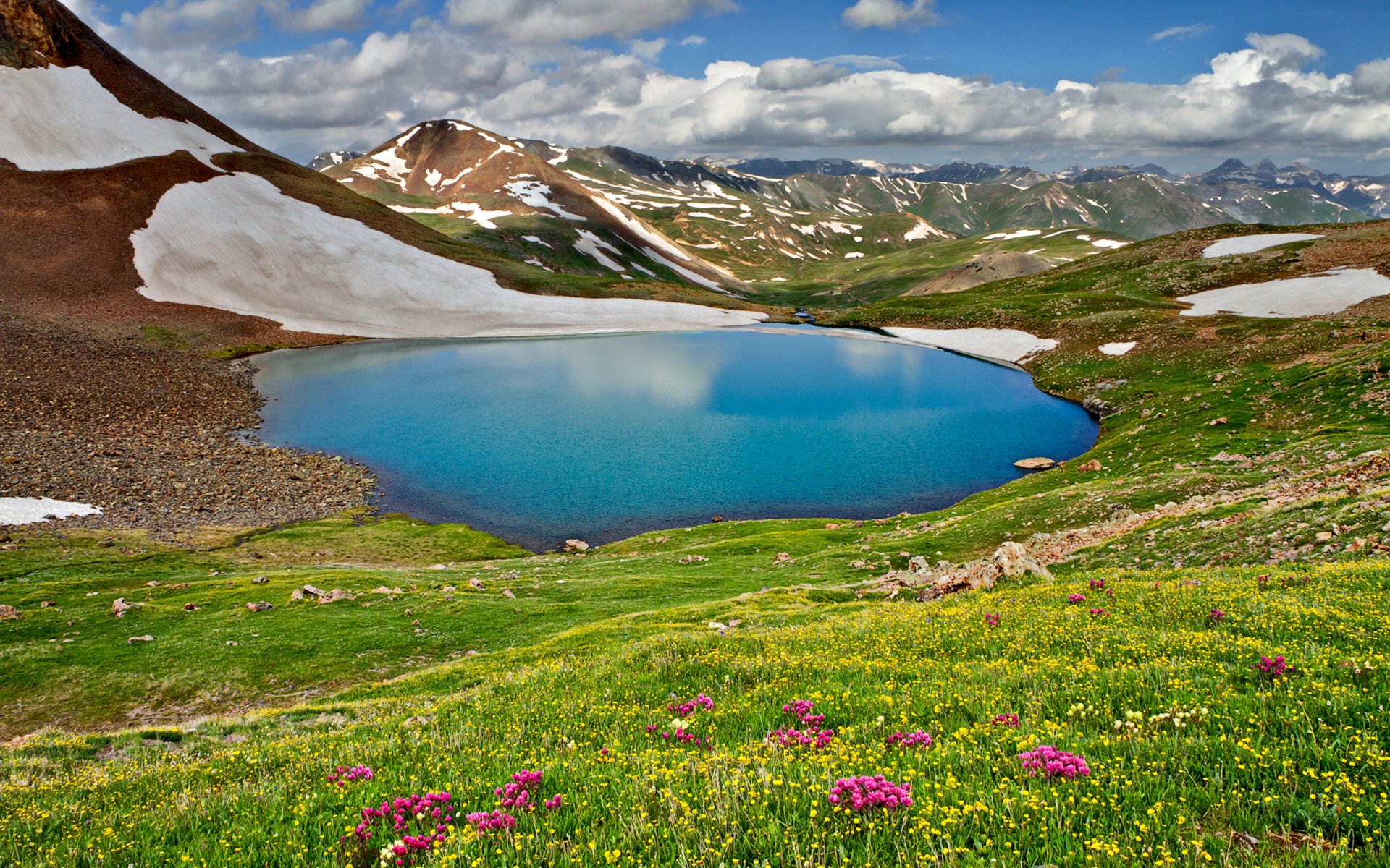 naturaleza paisaje cielo nubes montañas lago primavera hierba