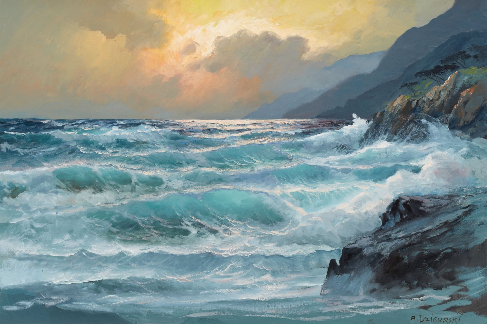 painting sea sky shore waves painting nature blue sea cloud