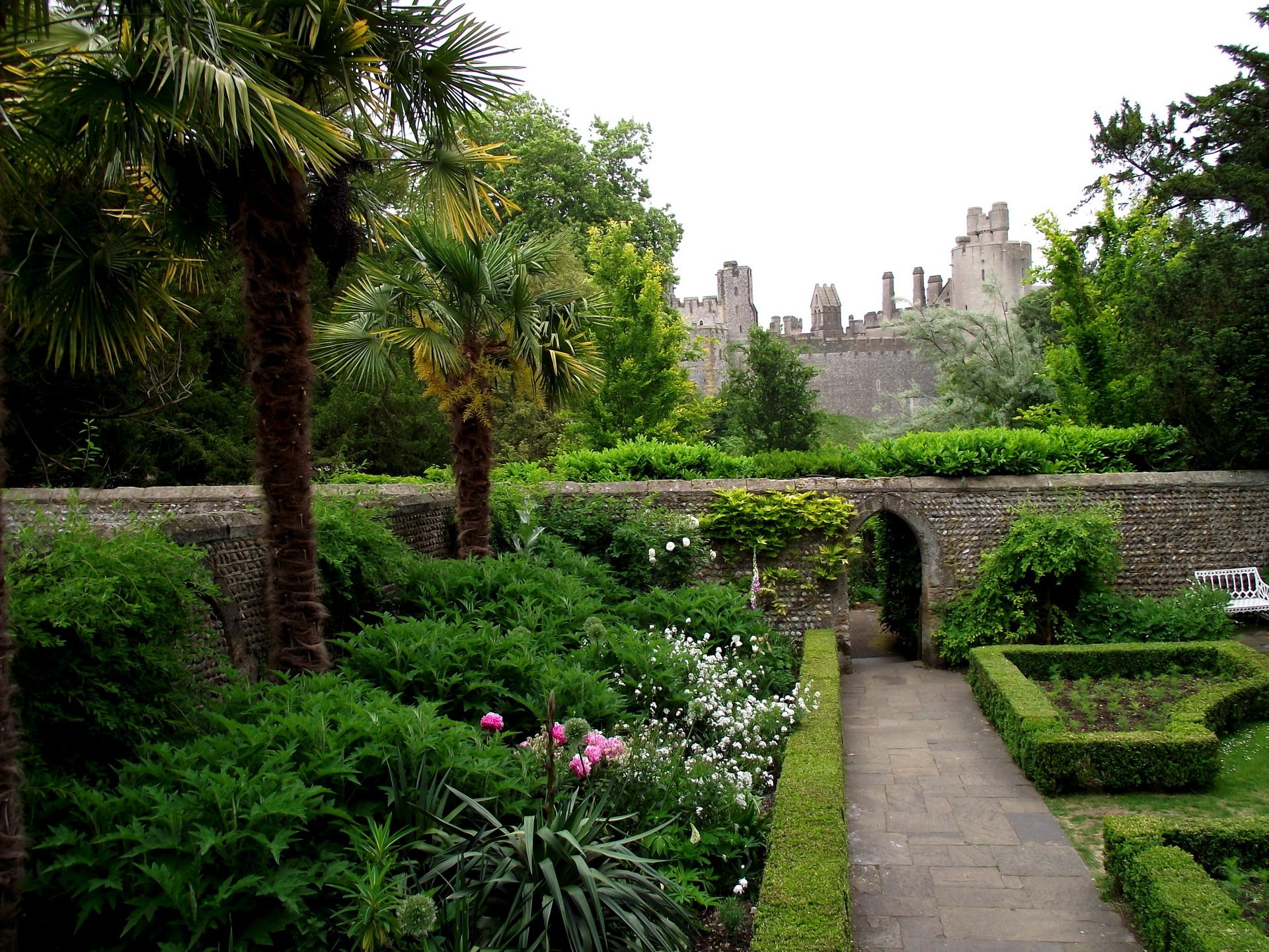 arundel castle rose gardens regno unito parco alberi castello muro pietra fiori palme