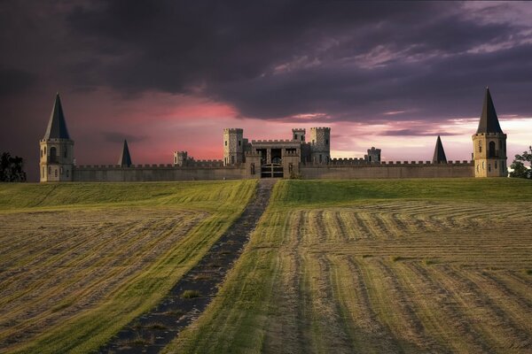 Castle in the USA on the background of a pink sunset