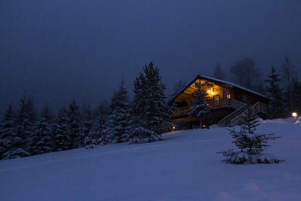 Die Natur Russlands in einer Winternacht mit einem Haus im Wald