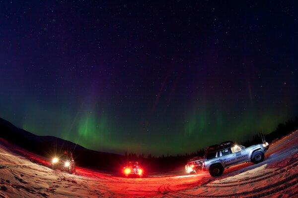 Northern lights. Headlights