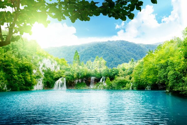 Blue sea with waterfall and green forest