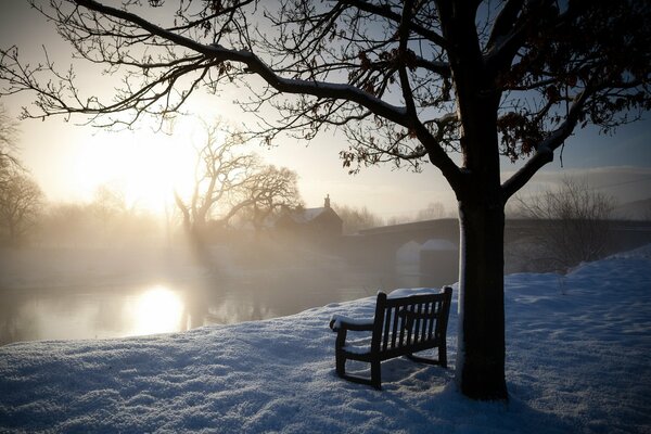 Winterlandschaft mit Bank am Fluss