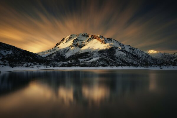 Reflection of snowy mountains in the lake