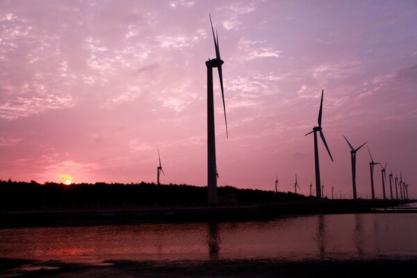 Molinos de viento en el fondo de una puesta de sol rosa
