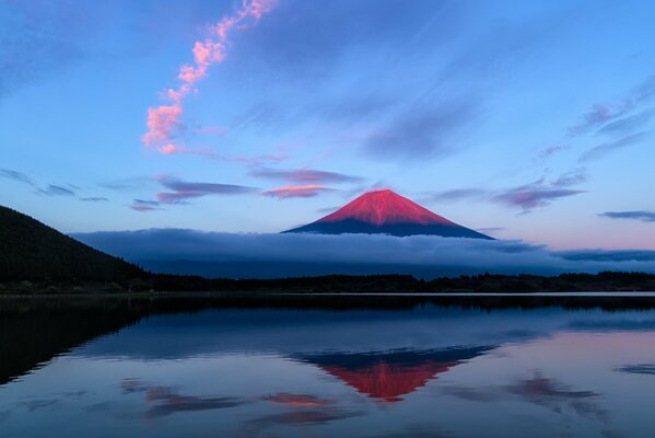 Reflection in the water of a pink volcano