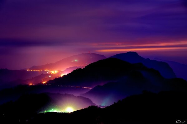 Night hills road lights