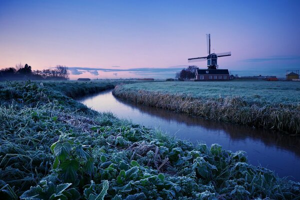 Winter landscape with a mill in the Netherlands