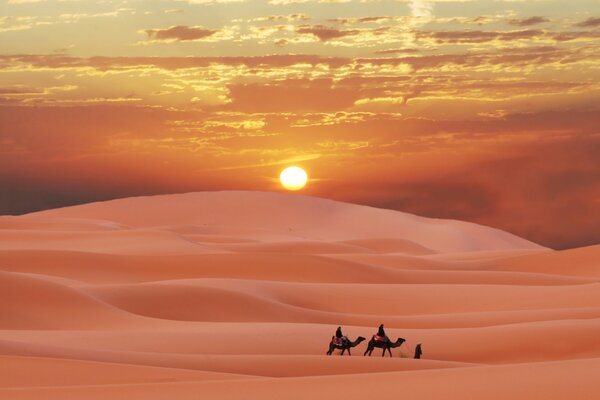 Eine Karawane in der Wüste bei Sonnenuntergang