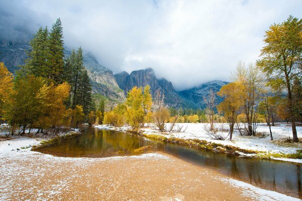 Snow-covered plains and trees by the river