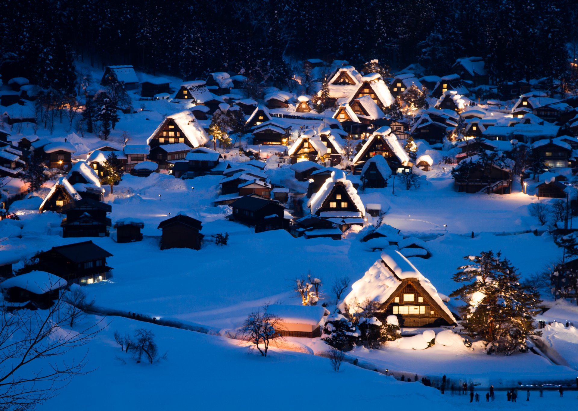 nature landscape house snow winter night