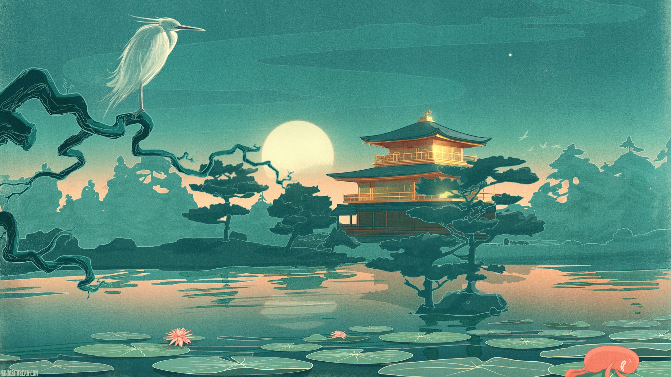 paisaje dibujo japón casa templo lago árboles garza lirio luna cielo noche