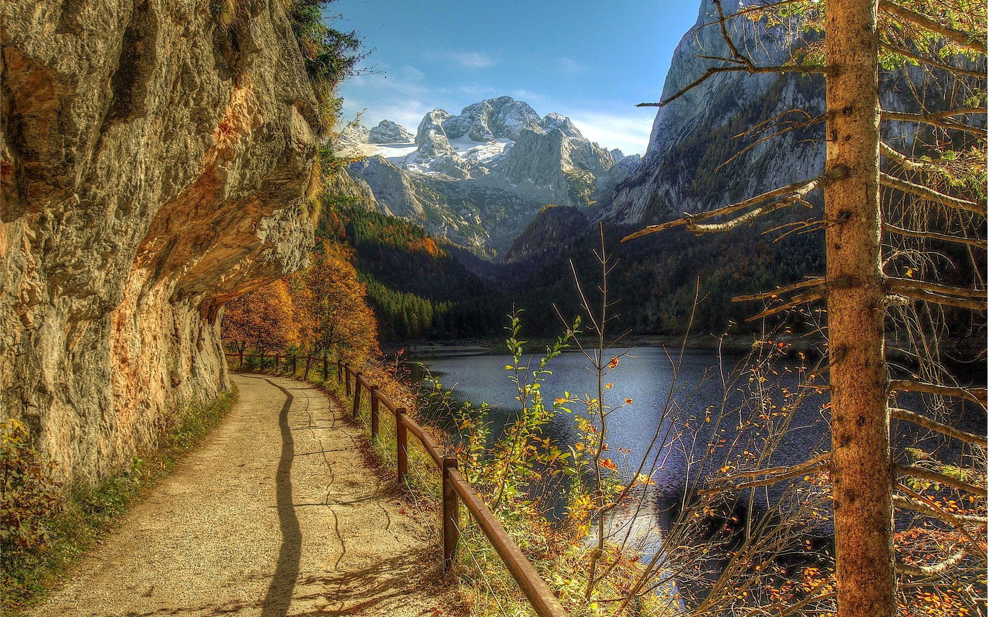 autunno scogliera alberi montagne colline fiume recinzione corrimano