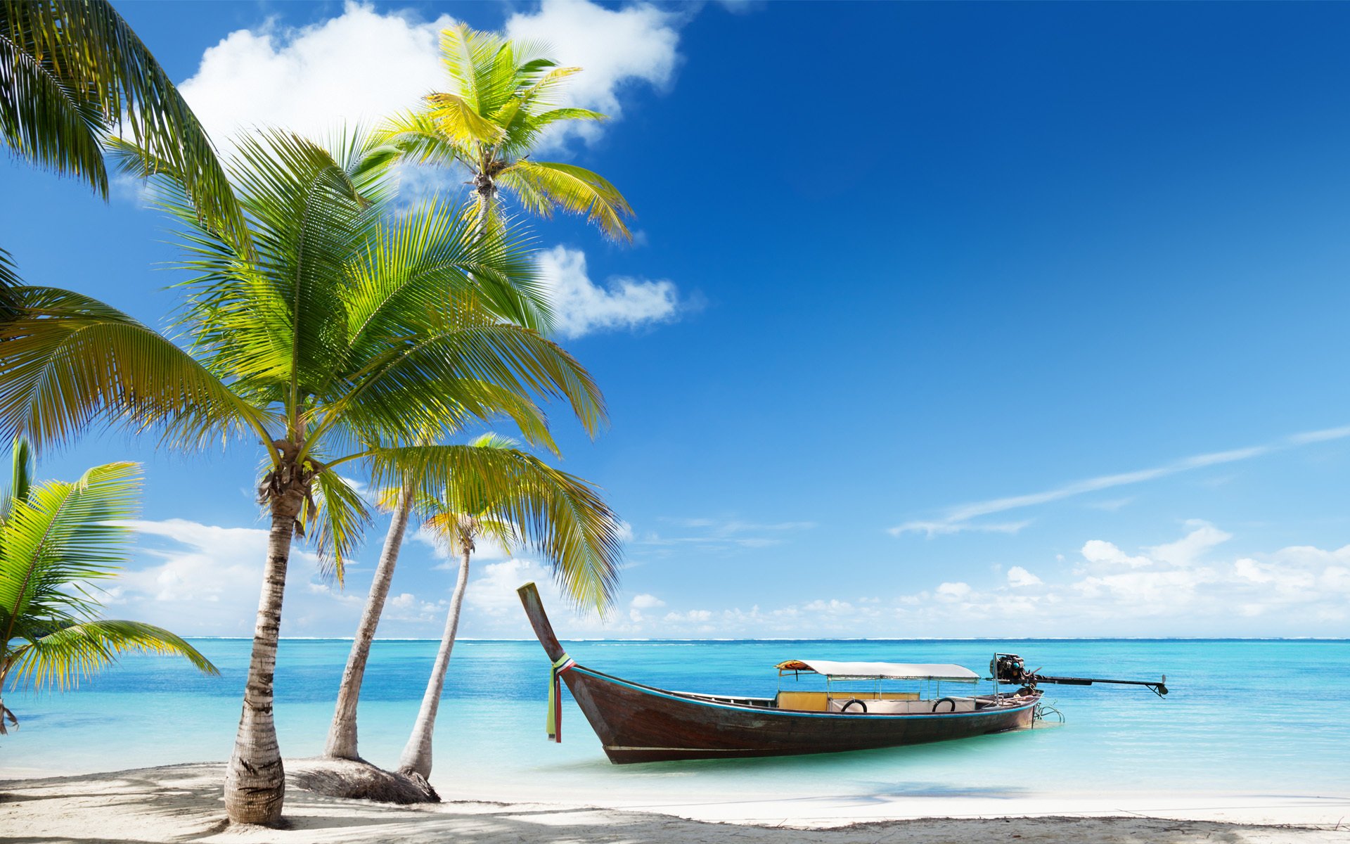 palmeras barco barca trópicos mar nubes arena