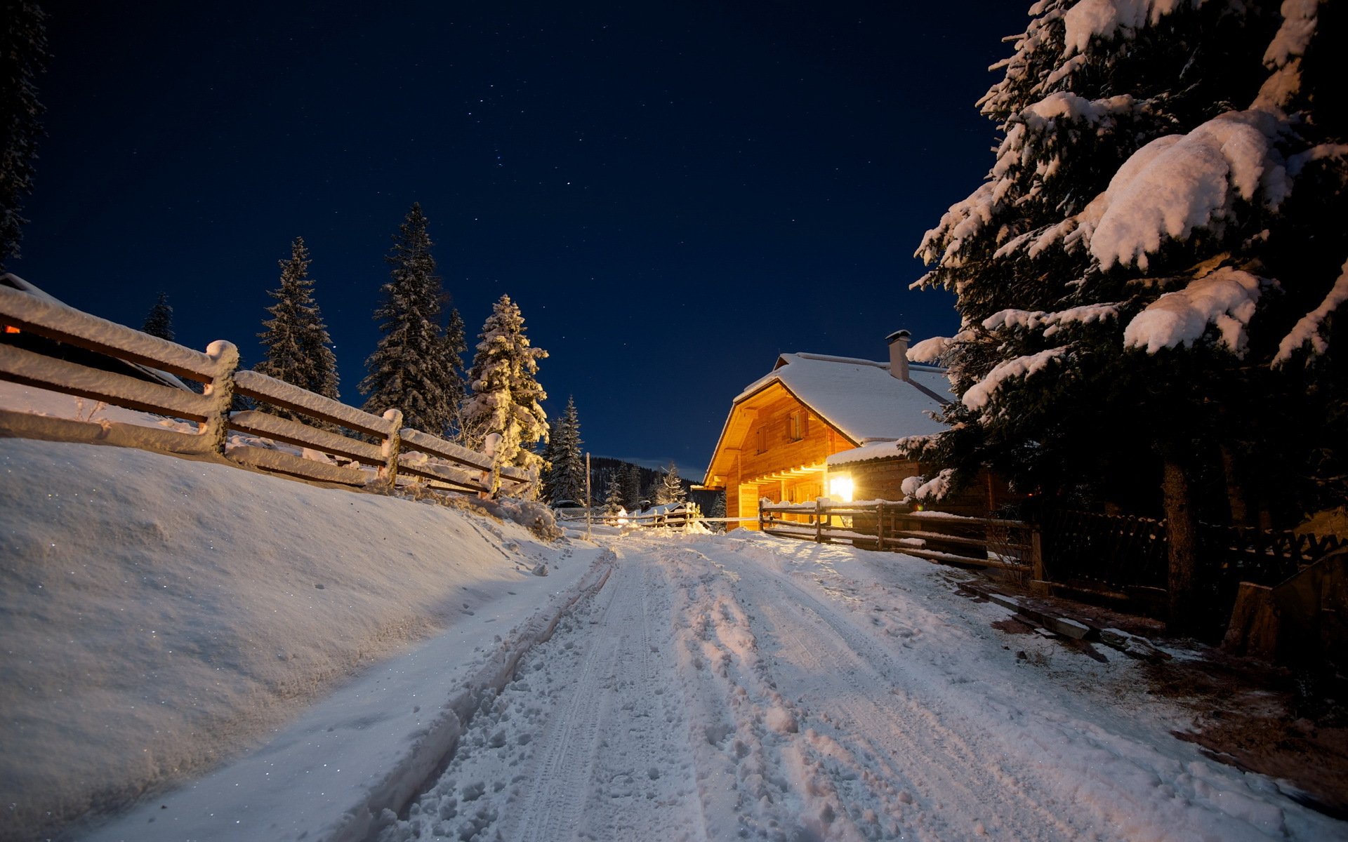 noche camino casa invierno