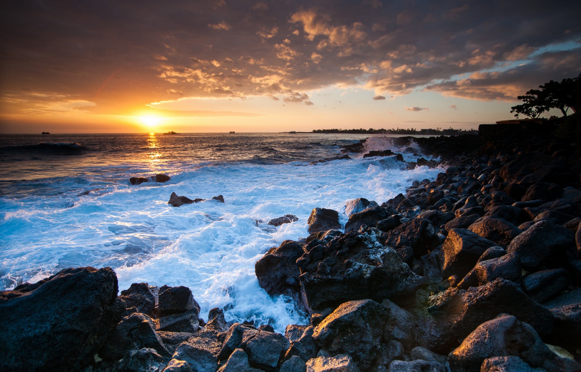 hawaii océan coucher de soleil pierres côte