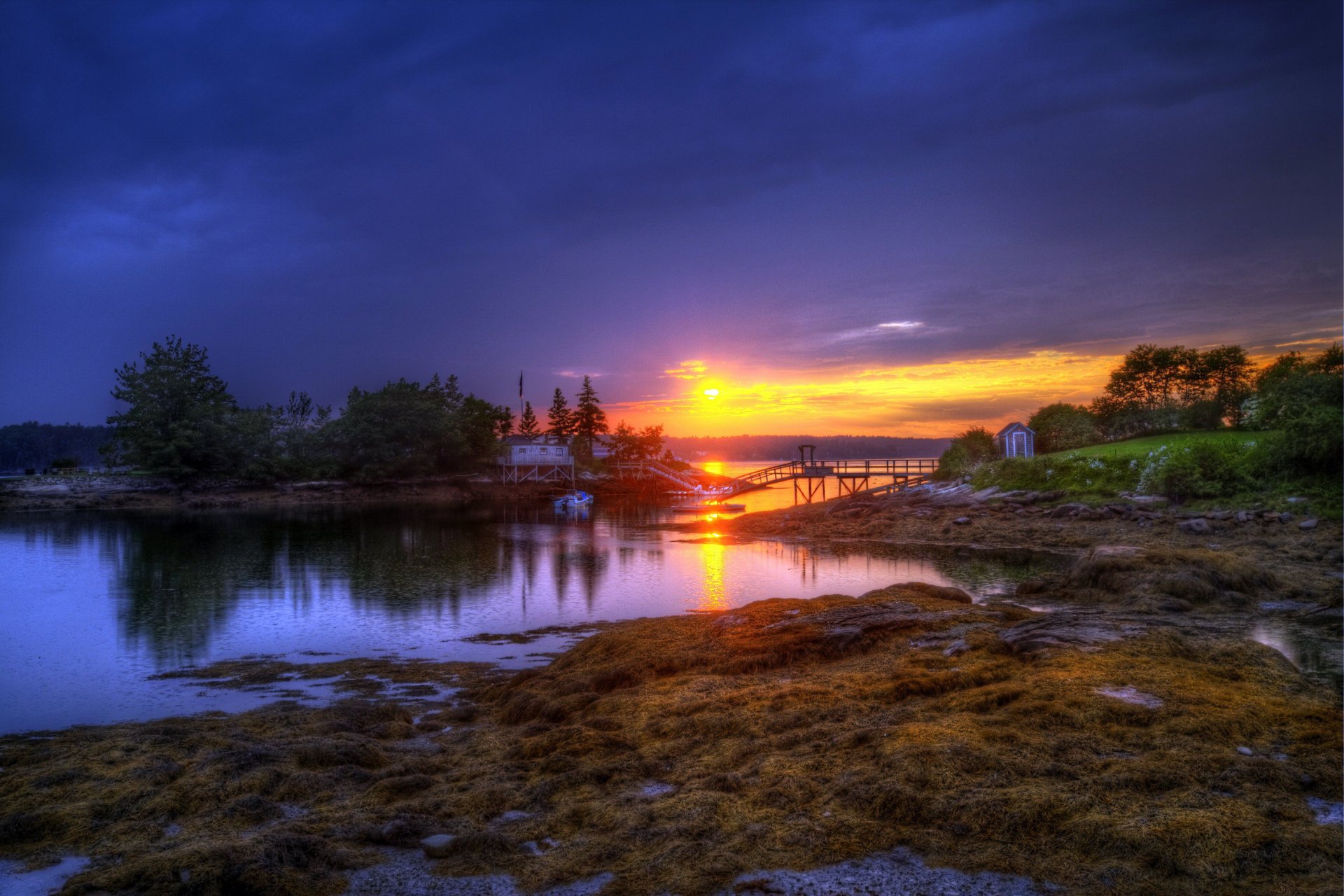 río costa islas bosque puente casa barco cielo nubes puesta del sol