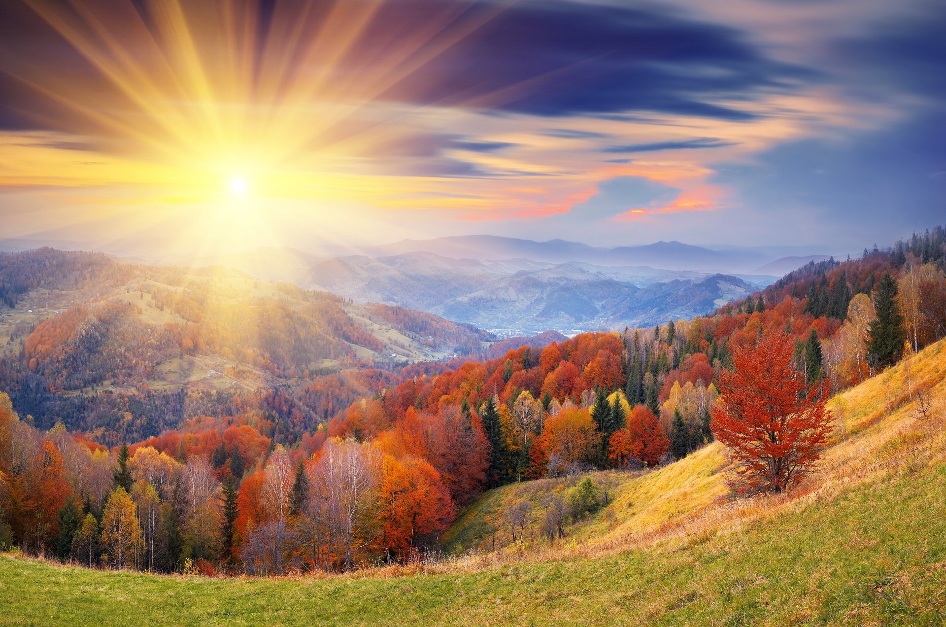 collines arbres feuillage automne ciel nuages soleil rayons