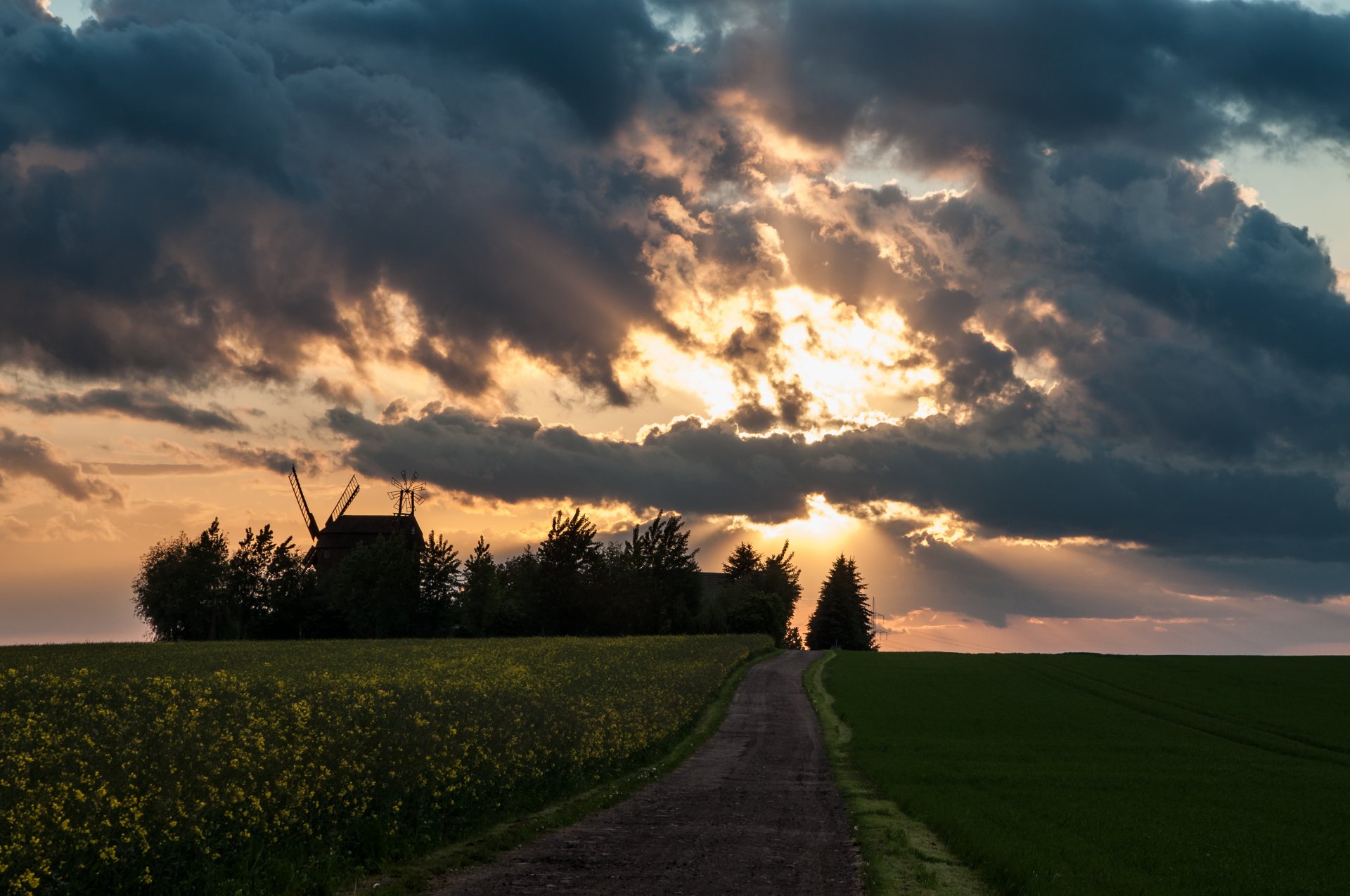 straße himmel wolken strahlen sonne mühlen feld raps