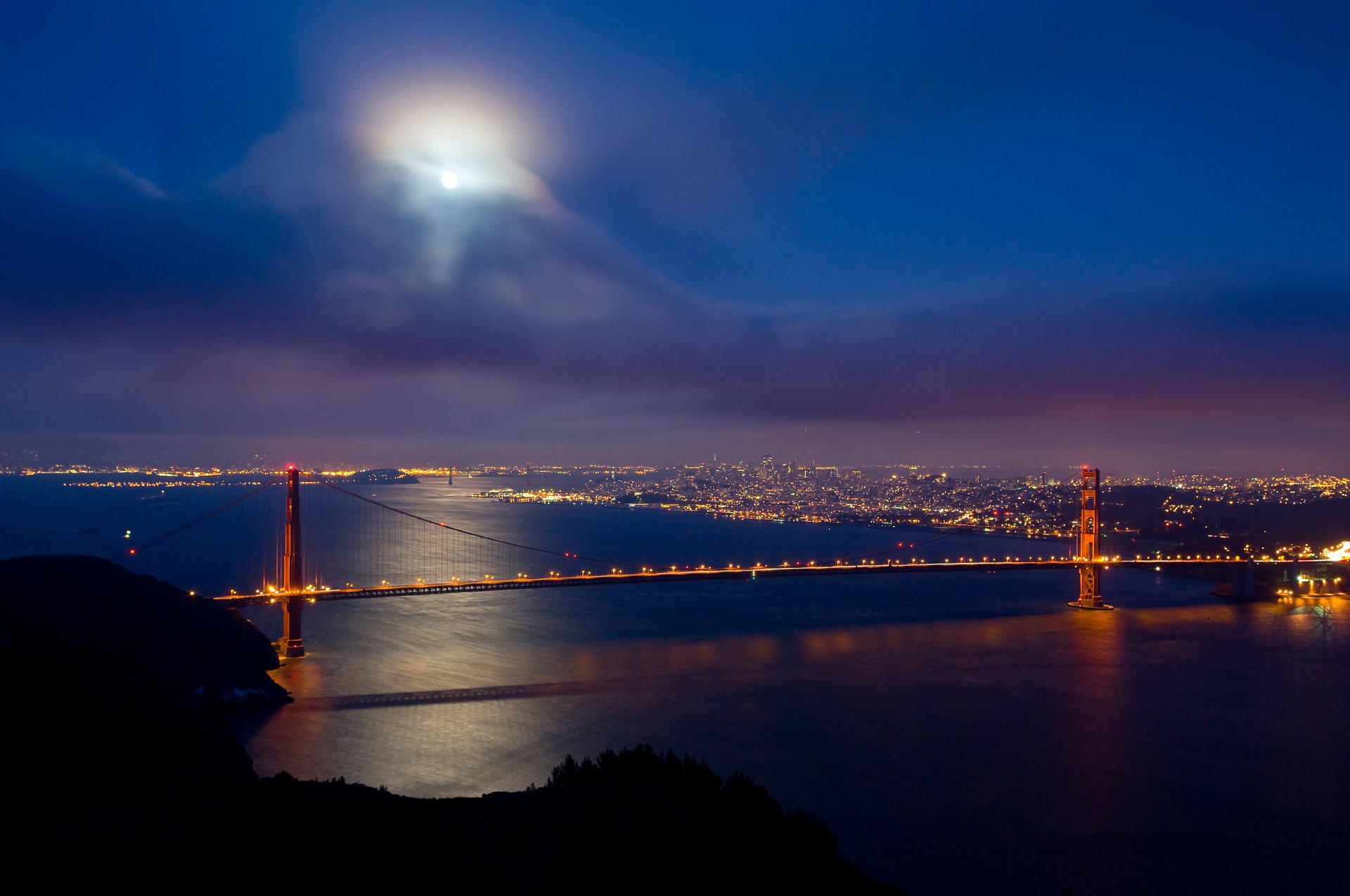 golden gate san francisco most księżyc chmury