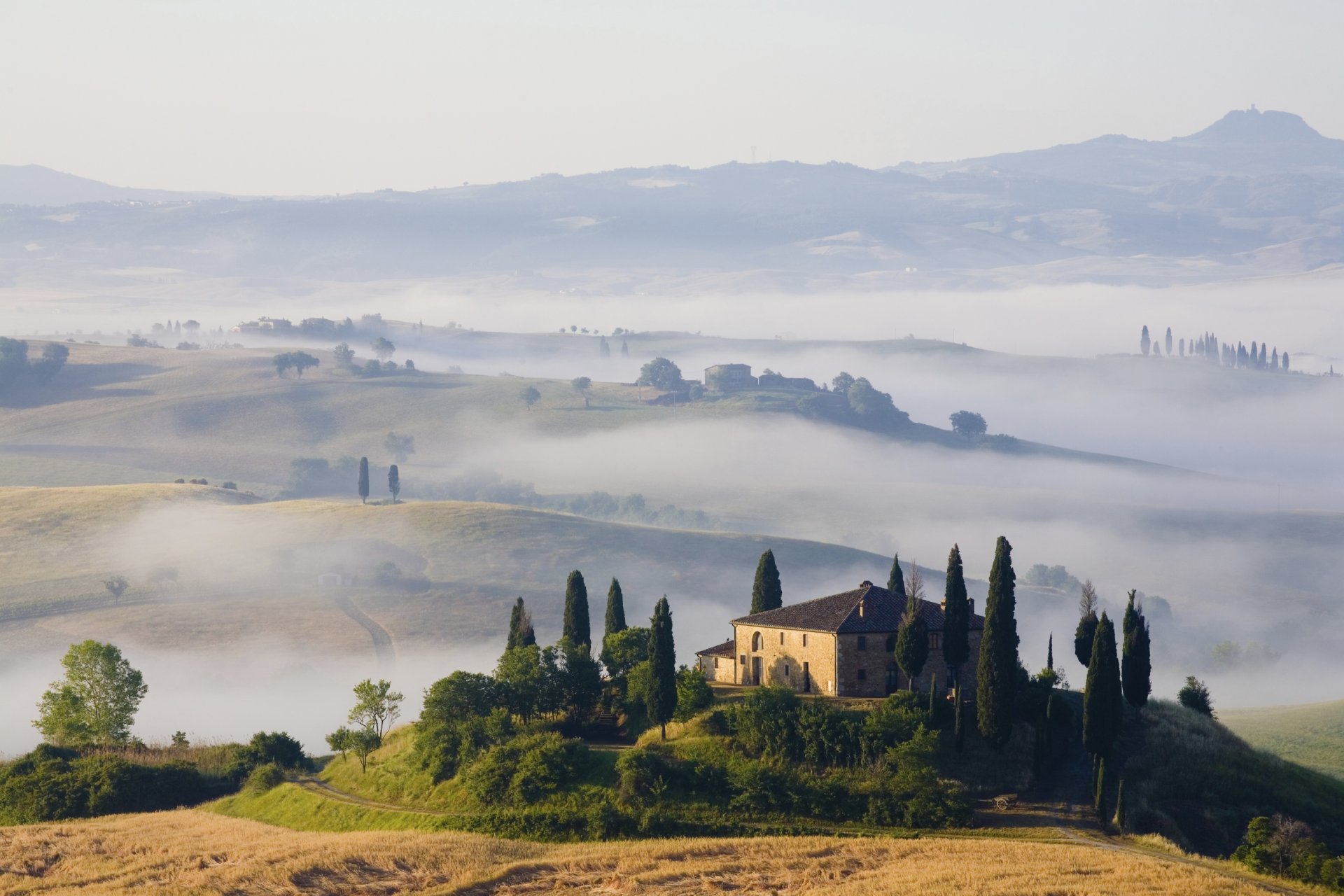 mattina nebbia colline campi case paesaggio natura toscana