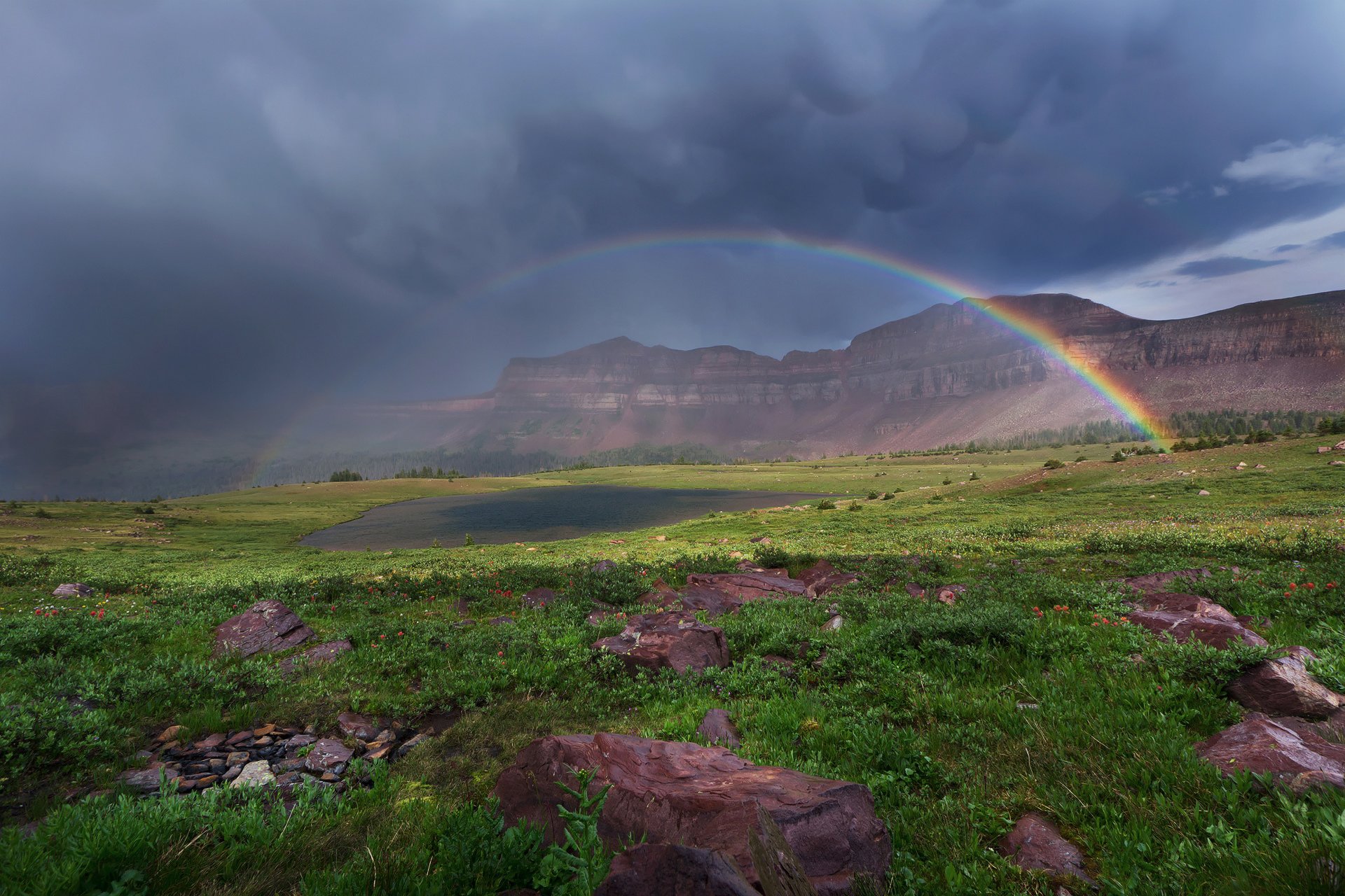 himmel wolken wolken regenbogen berge see gras blumen steine