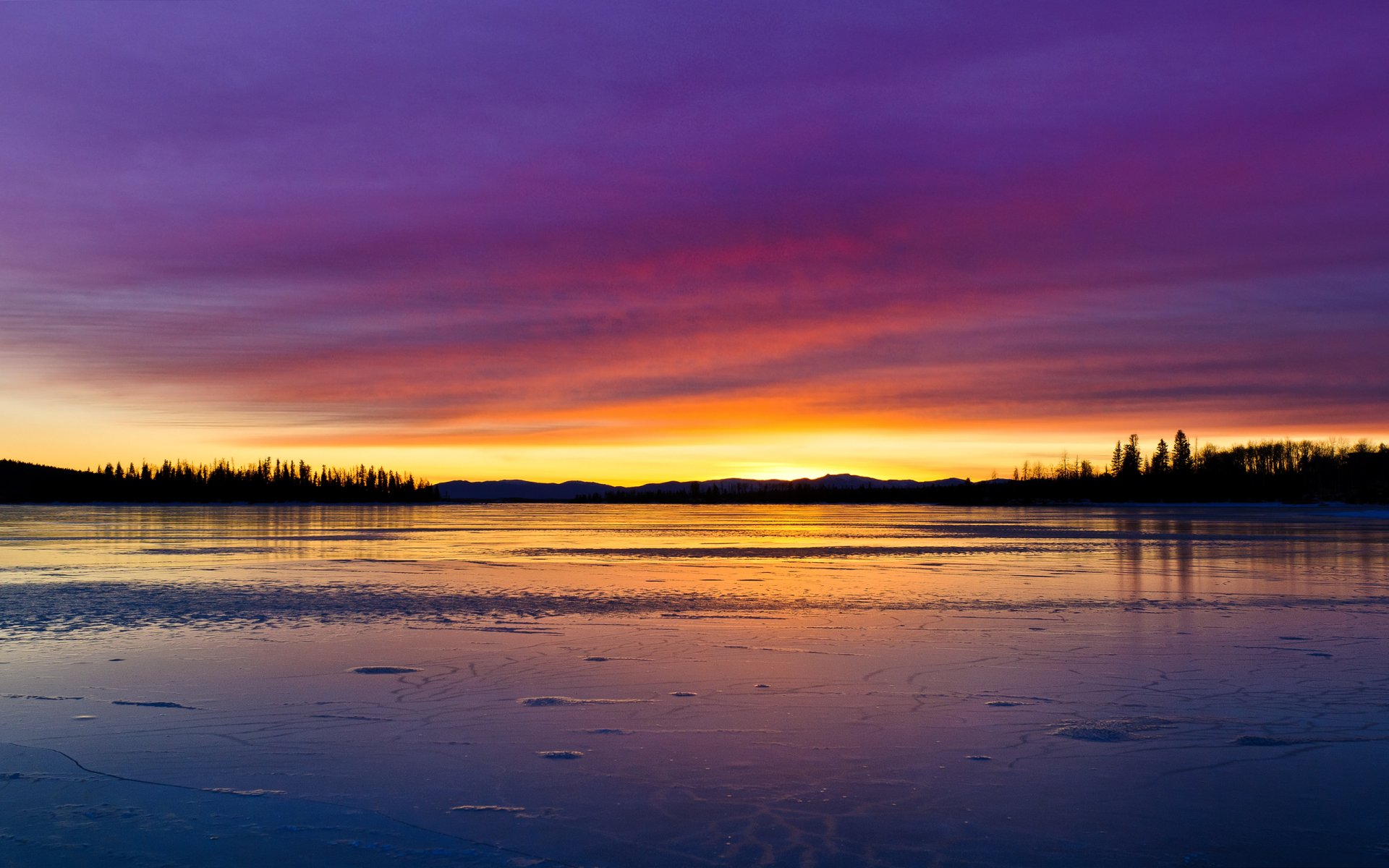 paisaje naturaleza puesta de sol cielo nubes pinturas lago reflexión árboles colores hielo 2560x1600