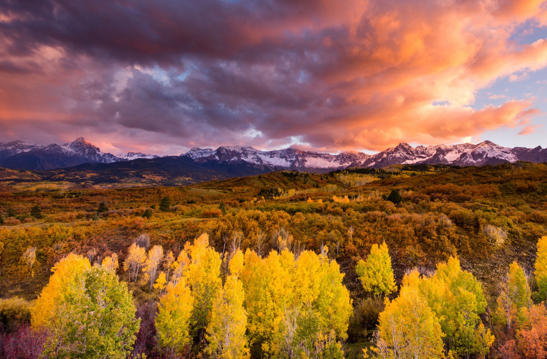 mountain sky clouds forest autumn