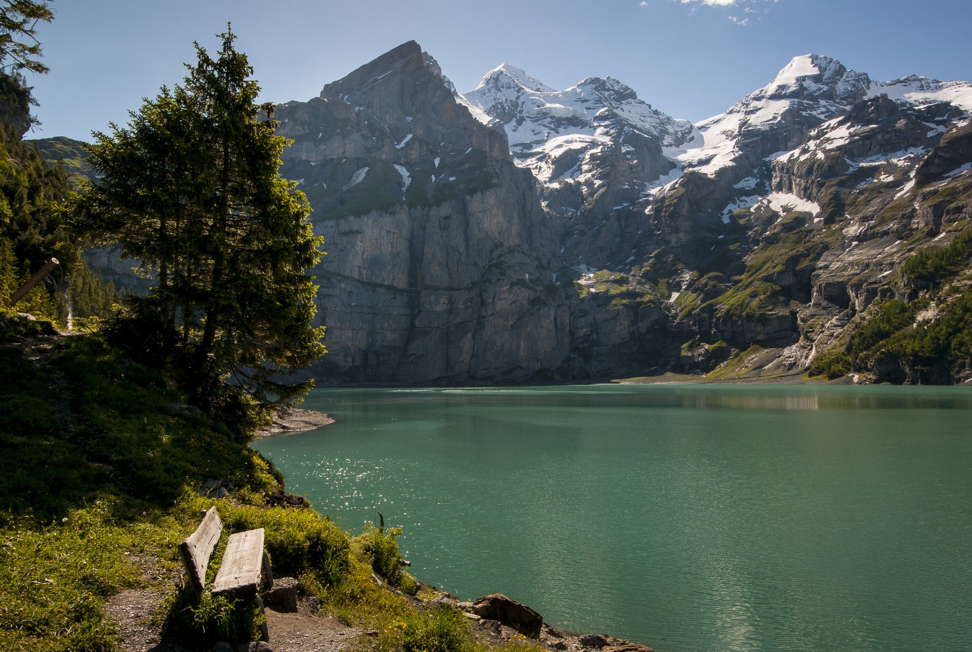 suisse montagnes lac banc arbres