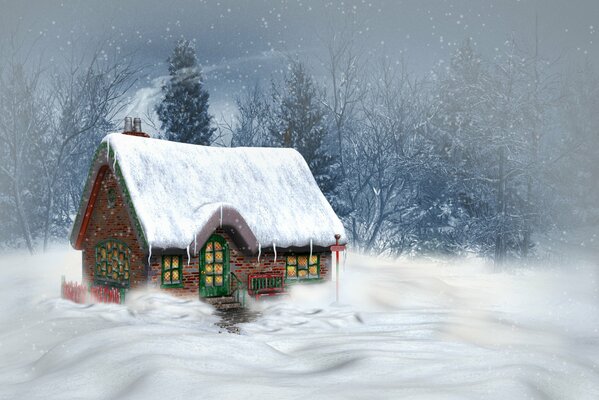 Eine gemütliche Hütte wie ein Spielzeug im Winterwald
