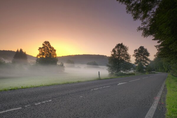 Paesaggio nel campo di tramonto di nebbia