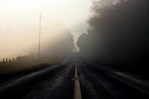 Long road on a foggy morning