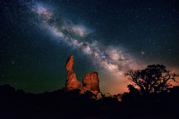 Noche cielo estrellado, árbol, vía láctea esculturas de piedra