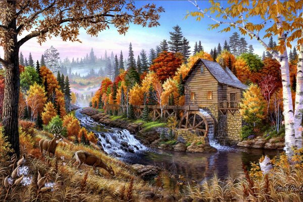Пейзаж водяная мельница осенью