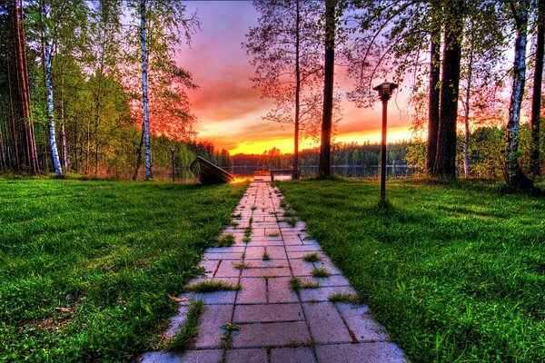 Forest path to the boat on the lake