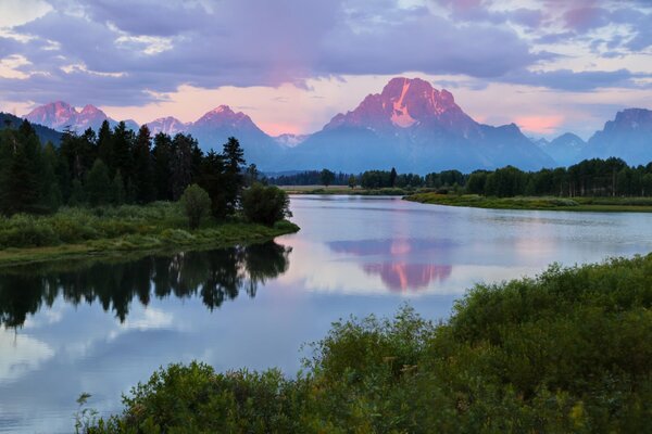 Morning mountains beyond the forest