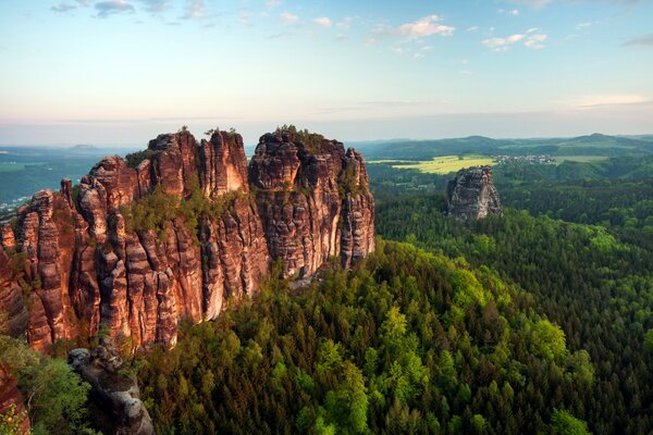 Mountains in the middle of green leaves of trees