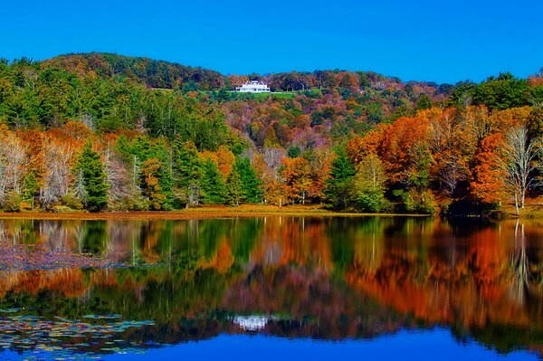 Herrenhaus auf einem Hügel inmitten einer herbstlichen Landschaft, die sich im See widerspiegelt