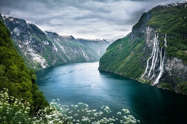 Geirangerfjorden in Norway. River and mountains