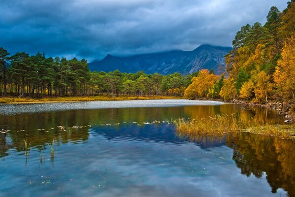 Herbstliche Waldlandschaft und See in Schottland