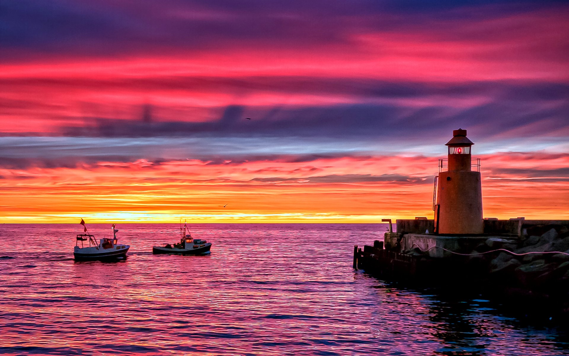 faro muelle muelle costa mar océano barcos noche anochecer puesta del sol