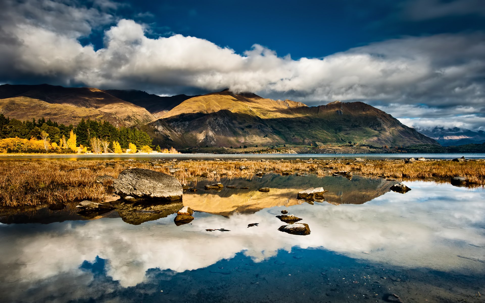 new zealand mountain stones lake reflection clouds sky