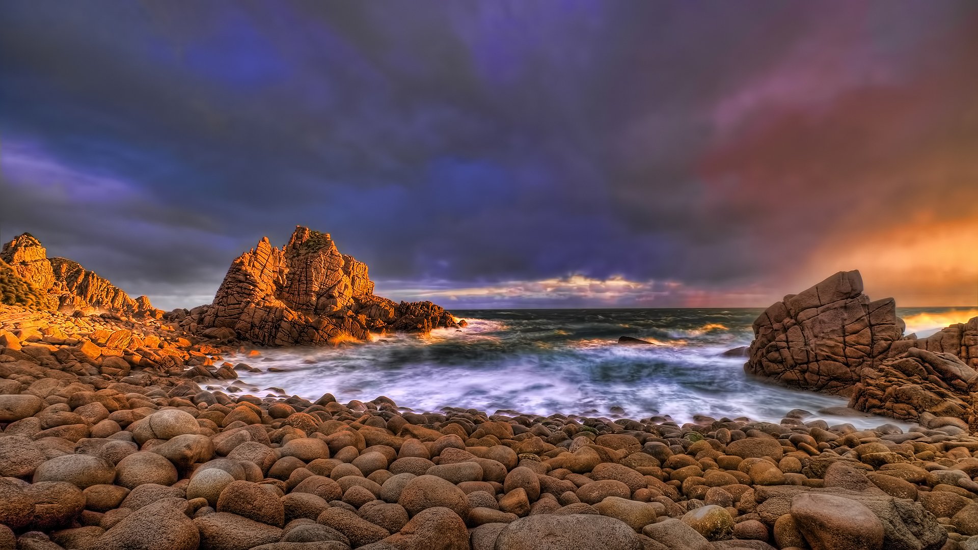 ocean waves rock stones beach night sunset sky cloud