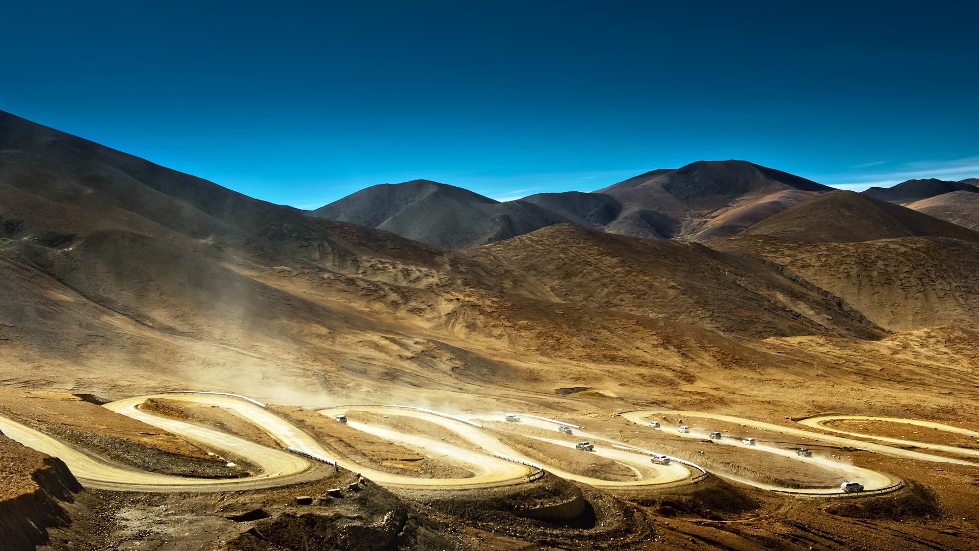 china tibet berge straße autos staub