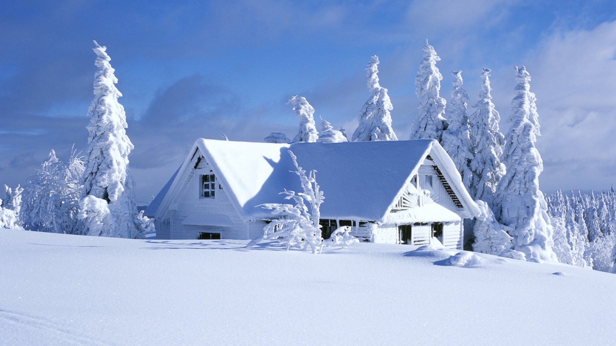 landscape nature winter snow house tree sky clouds trees 2560x1440