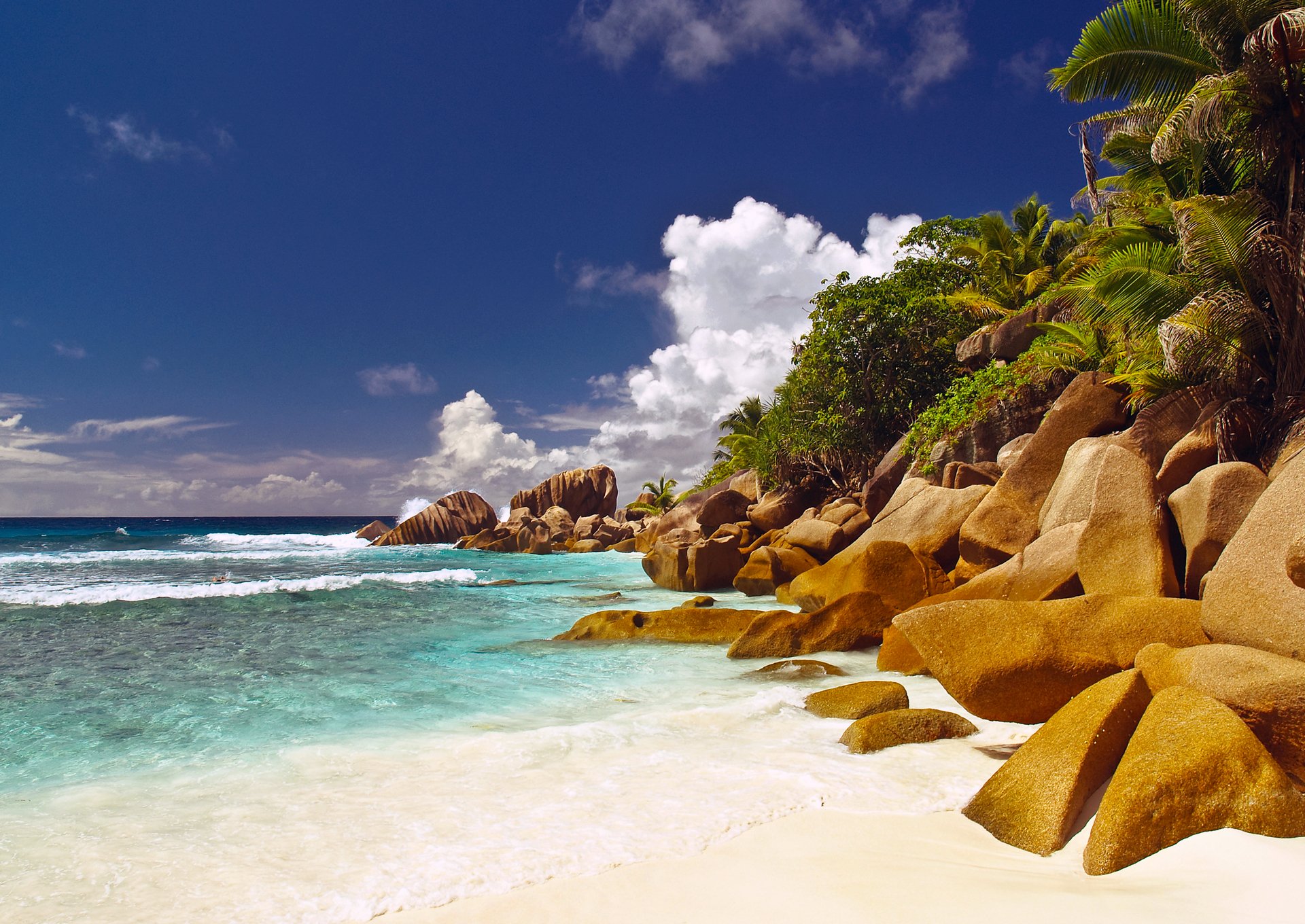 seychelles îles rochers palmiers plage océan mer eau ciel nuages