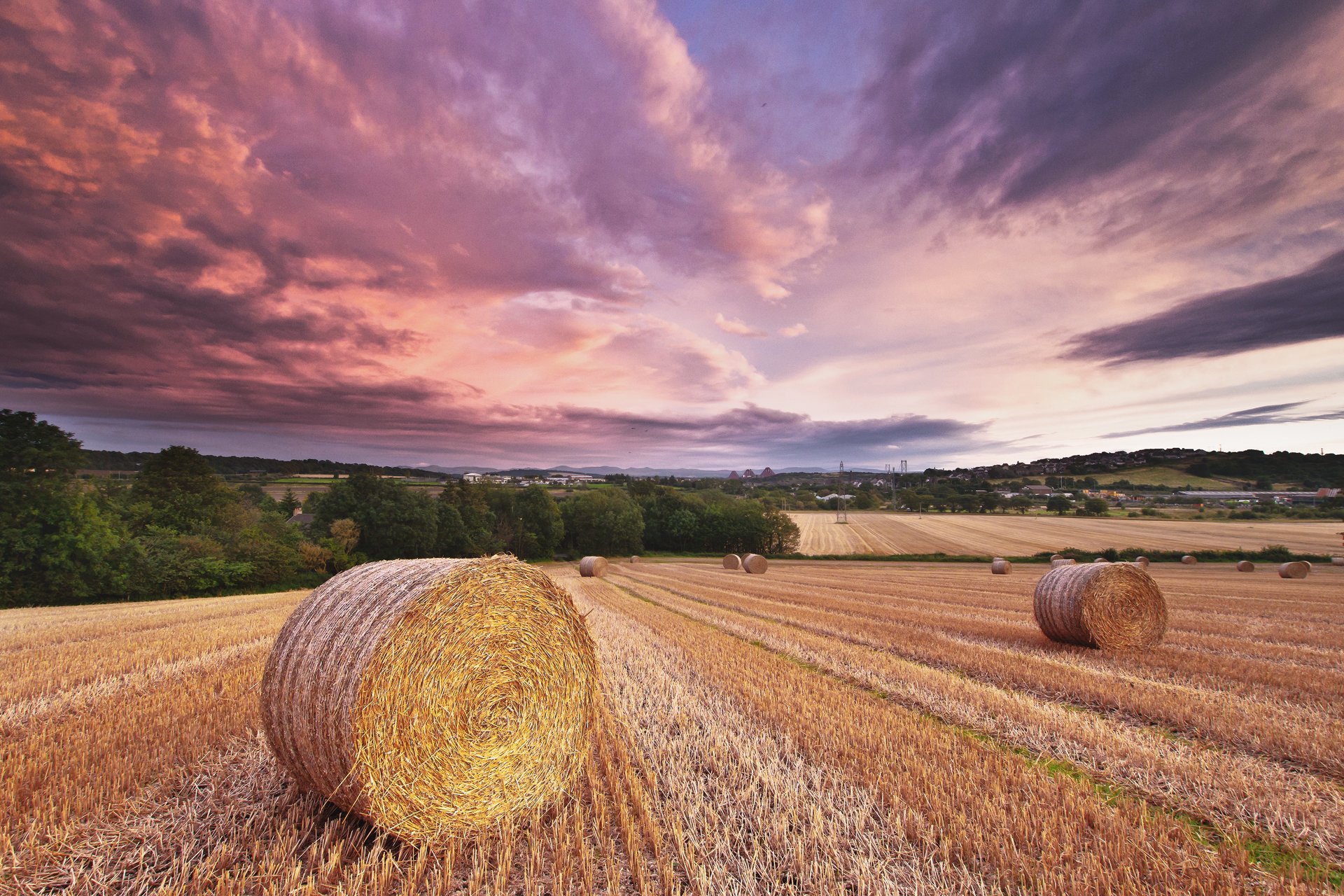 été champ rouleaux foin paille ciel nuages soirée