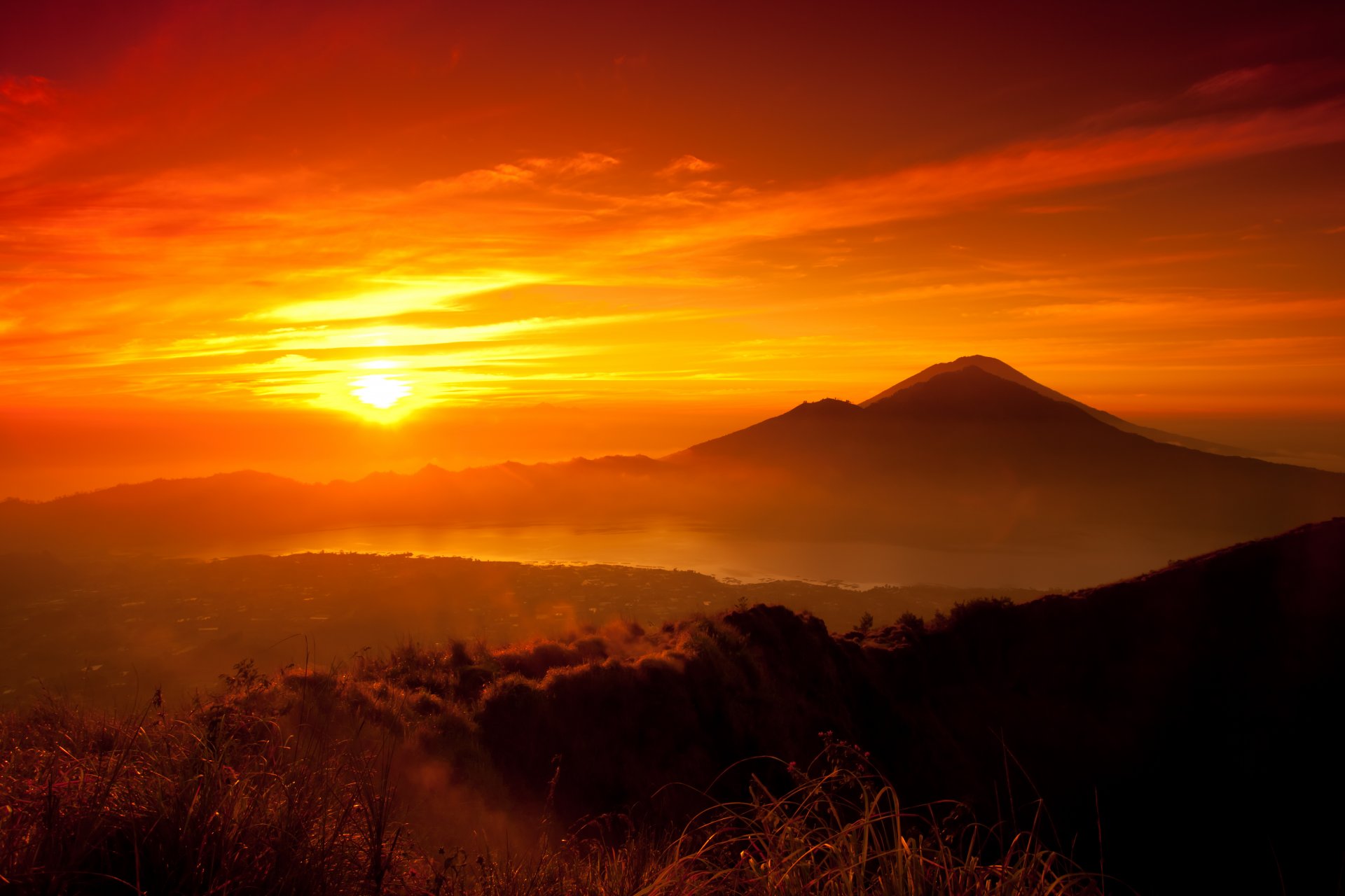 mountain forest lake sun sunset orange