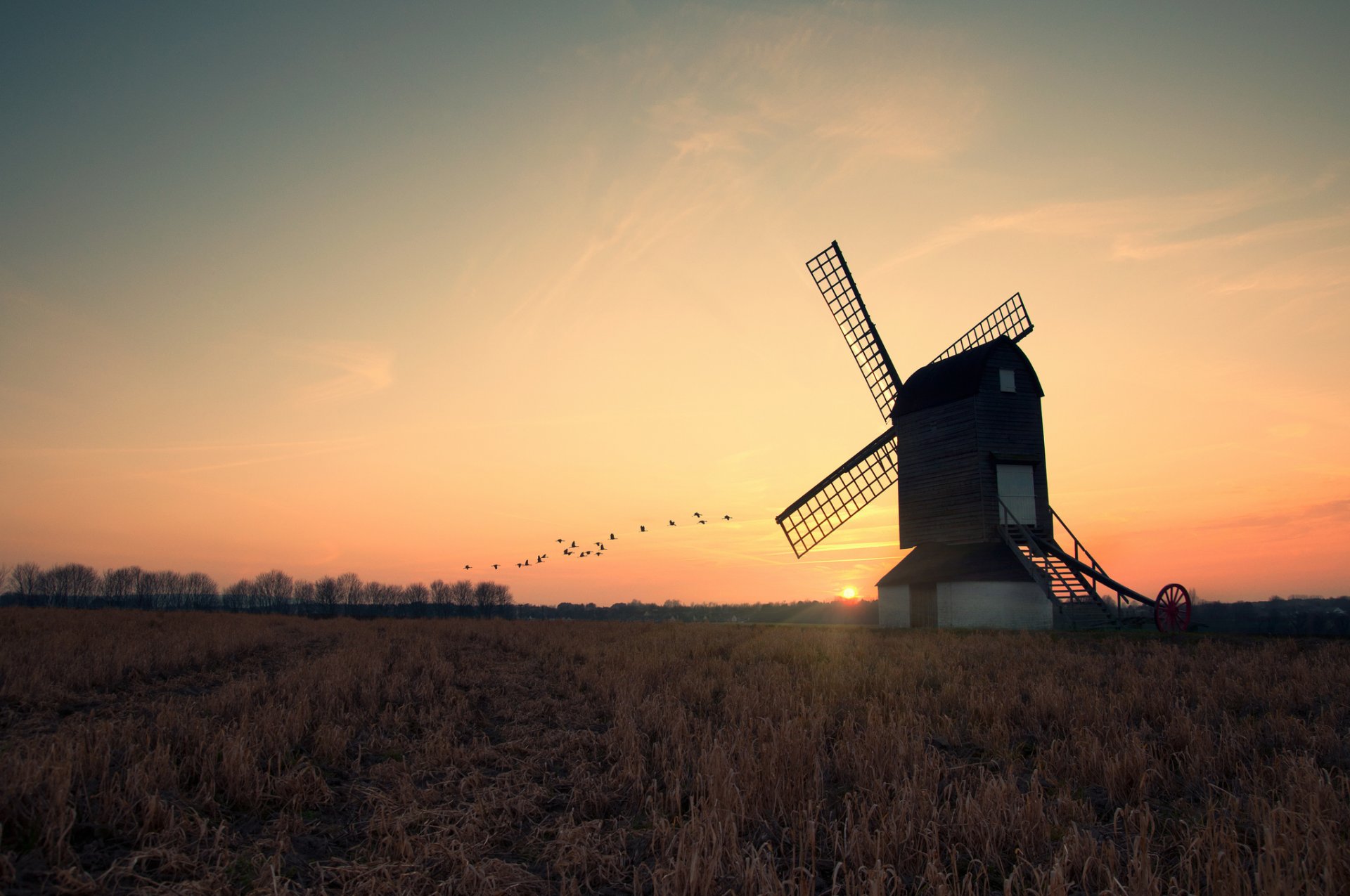 soir coucher de soleil soleil champ moulin grues